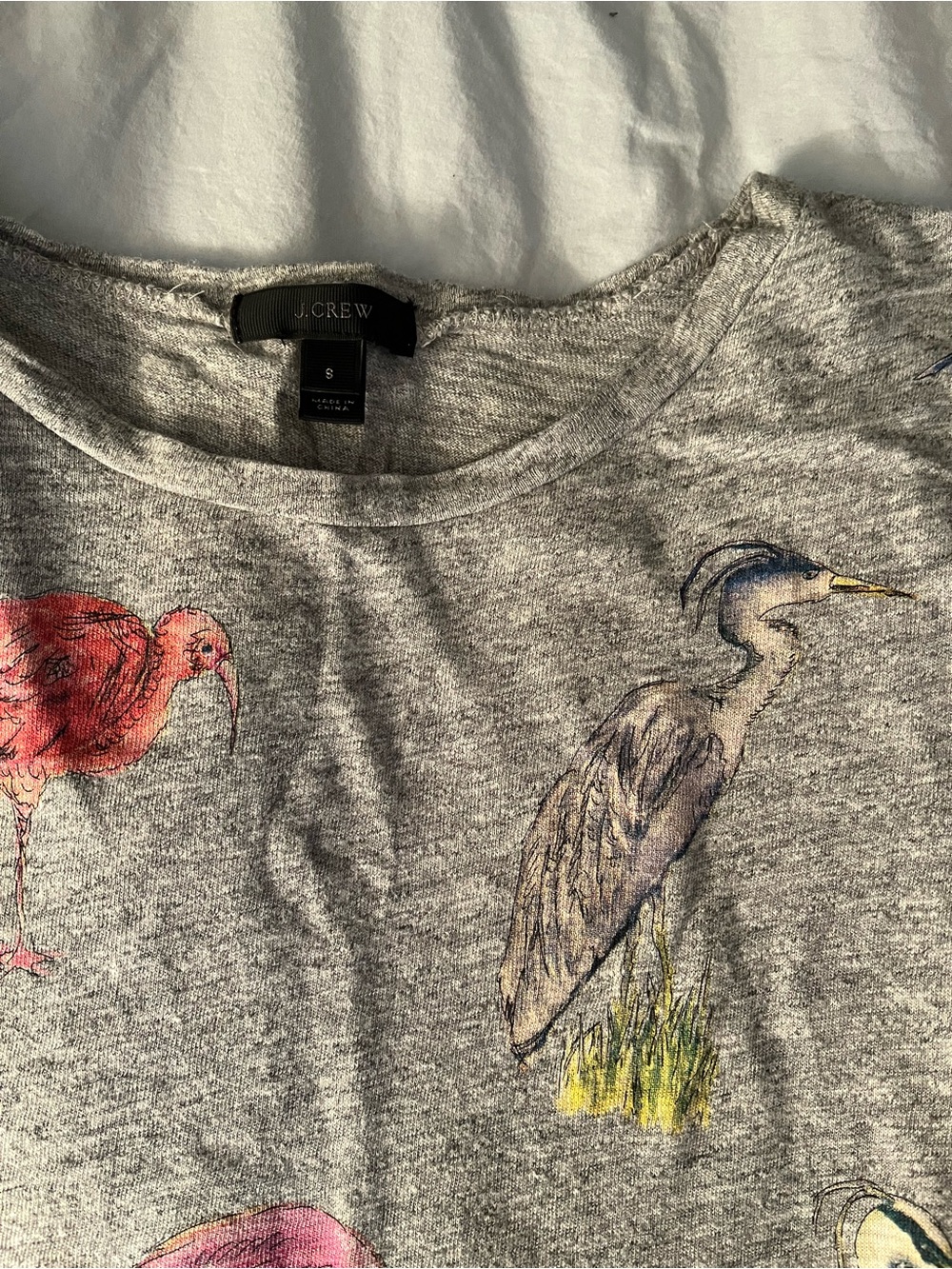 J. Crew Gray Tee with Red and Blue Bird Illustrations